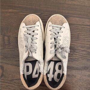 P448 Womens John Sneaker Size EU38 US7.5 White Silver Tan Animal Print Sneaker